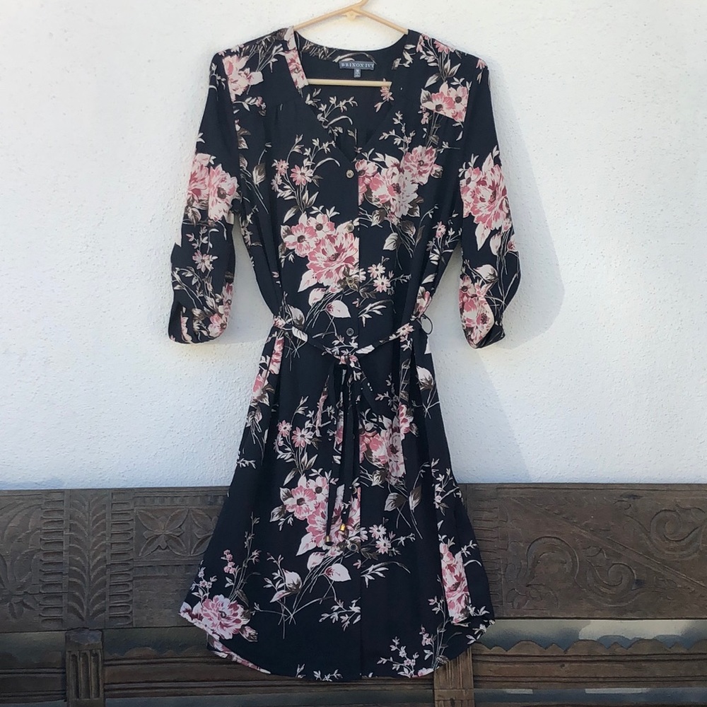 Brixon Ivy navy blue with pink floral print rollable sleeve shirt dress